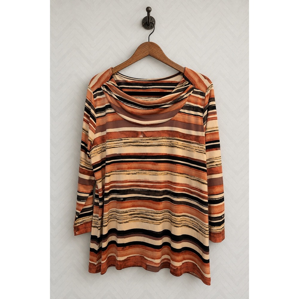 Allison Daley Top Cowl Neck Striped 3/4 Sleeve Multi-Color Size L